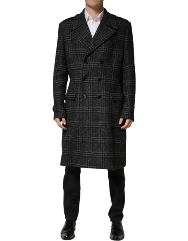 Double Breasted Plaid Wool Coat