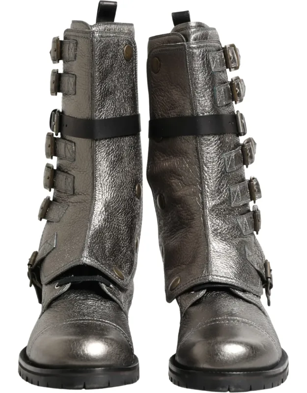 Metallic Silver Combat Biker Mid Calf Boots
