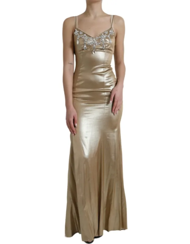 Metallic Gold Crystal Embellished Gown Dress Silk Real Brass