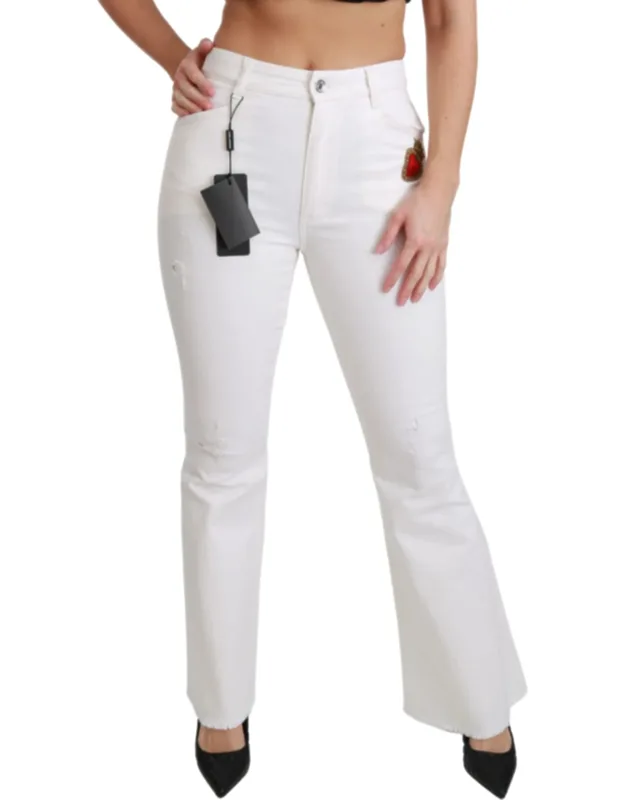 White Heart Flared Stretch Cotton Pants