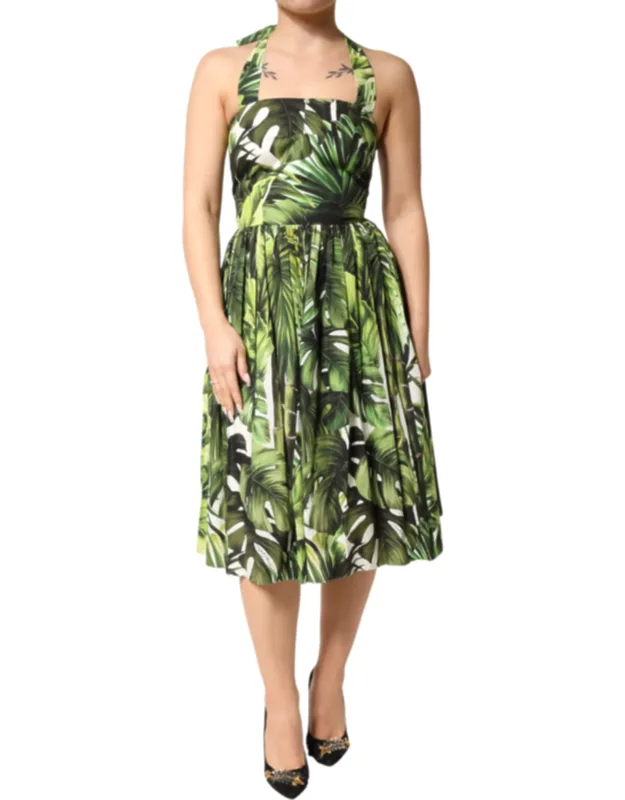Leaves Print Cotton Halter Midi Dress