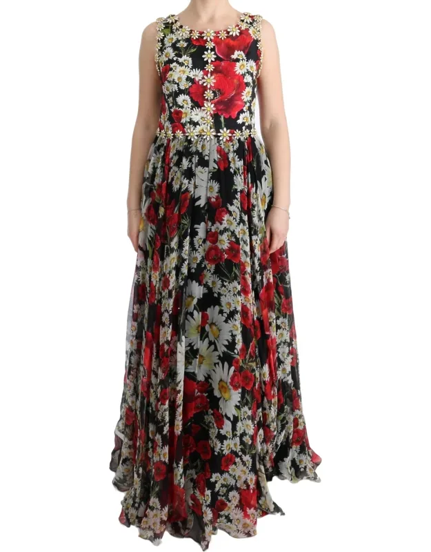 Multicolor Silk Floral Crystal Long Maxi Dress