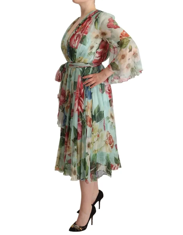 Floral Long Sleeve V-neck Midi Dress
