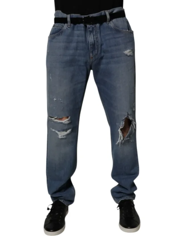 Tattered Cotton Straight Denim Jeans
