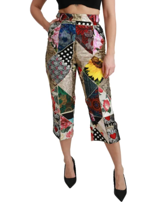 Silk Multicolor Print High Waist Cropped Pants
