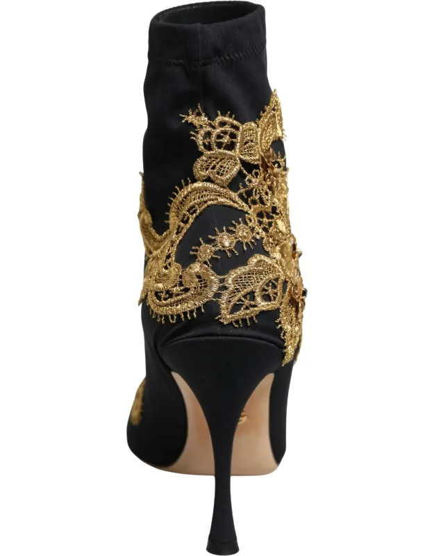 Black Gold Embroidery Crystal Boots