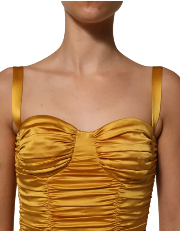 Gold Silk Ruched Bodycon Sheath Midi Dress