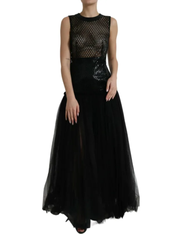 Sequined Sleeveless Mesh Layered Gown Dress