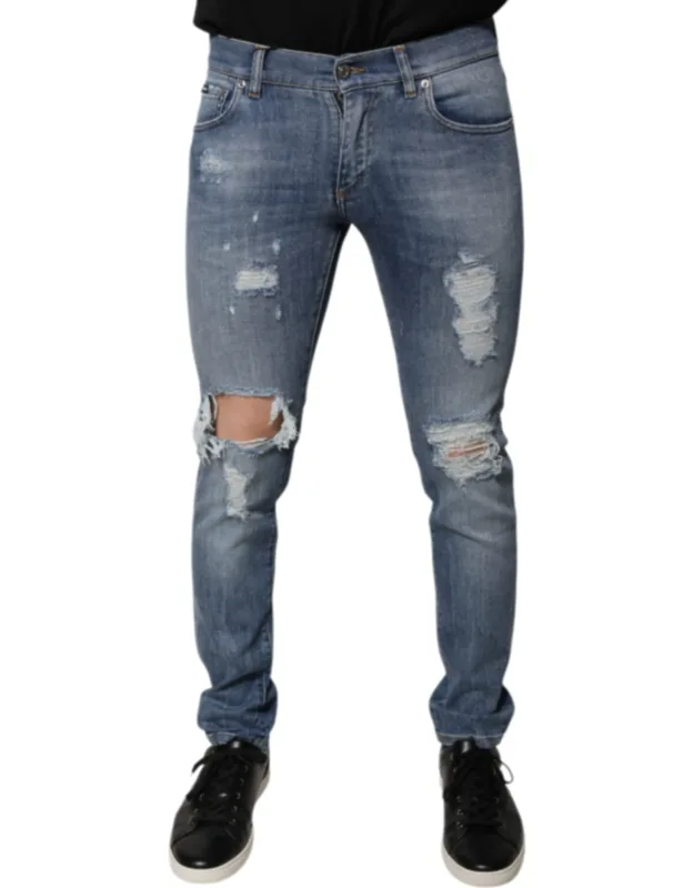 Tattered Cotton Stretch Skinny Denim Jeans