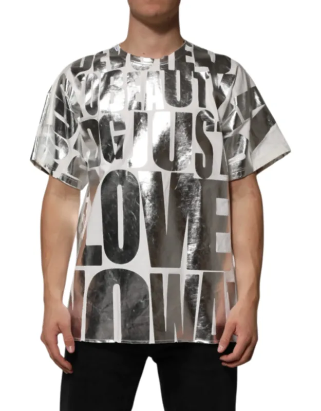Cotton Silver Metallic Slogan Print T-shirt