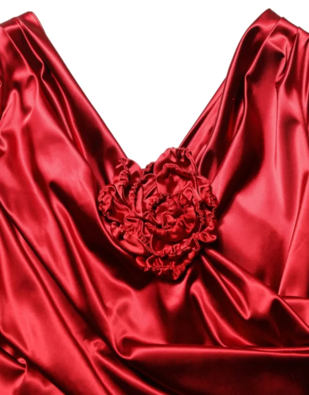 Silk Satin Draped Midi Floral Applique Dress