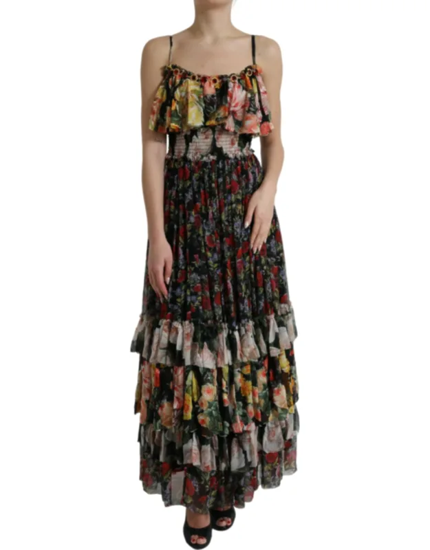 Multicolor Floral Chiffon Tiered Maxi Dress