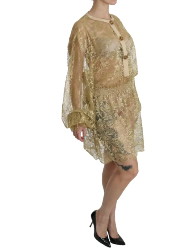Gold Lace See Through A-line Knee Length Dress