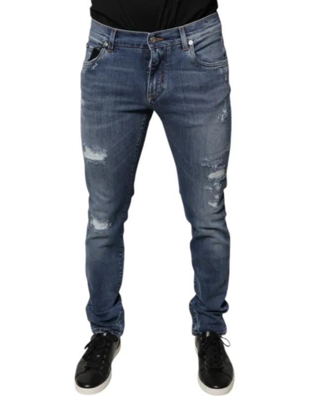 Tattered Cotton Stretch Skinny Denim Jeans