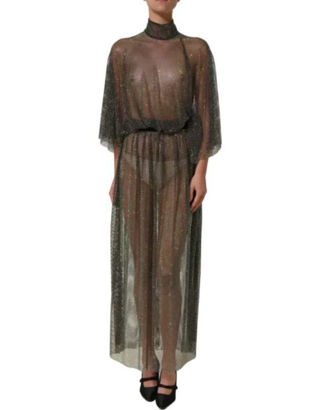 Rhinestone Mesh Turtleneck Maxi Dress