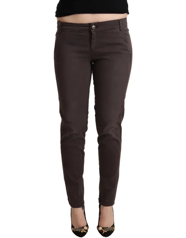 Brown Cotton Low Waist Slim Fit Pants