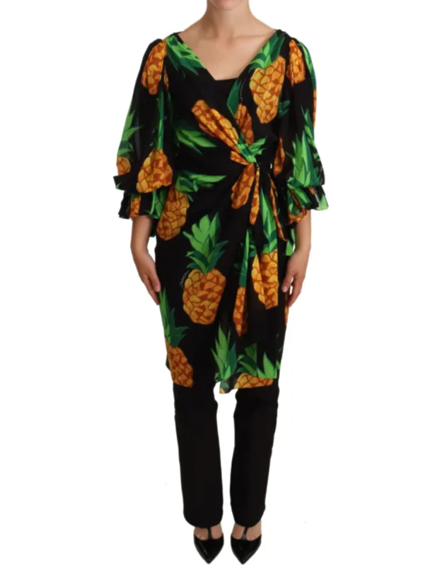 Ananas Print Wrap Stretch Silk Dress