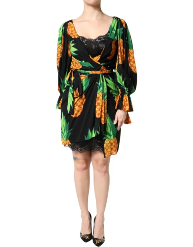 Silk Pineapple Draped Print Wrap Dress