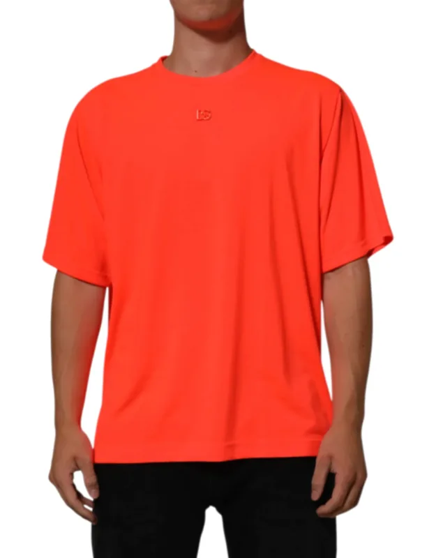Neon Orange Polyester Crew Neck T-shirt