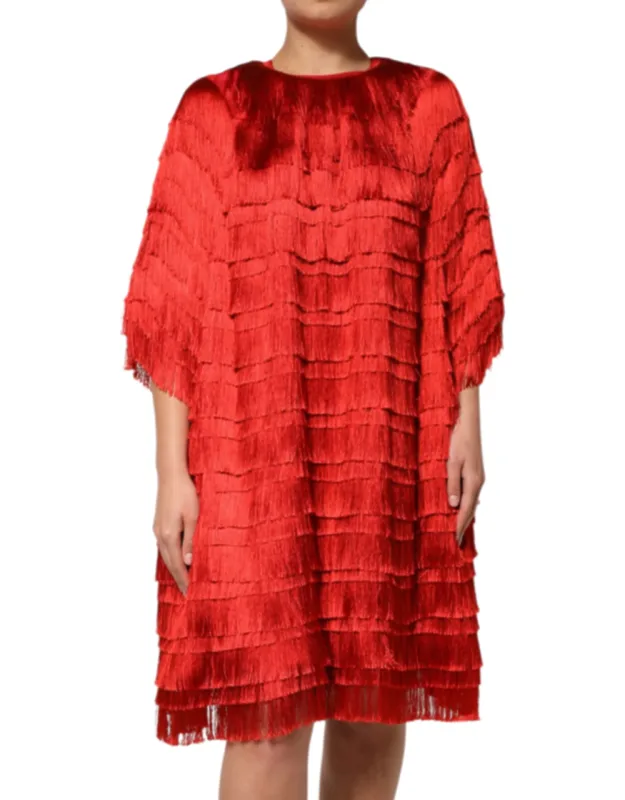 Silk Tiers Fringe Shift Knee Length Dress