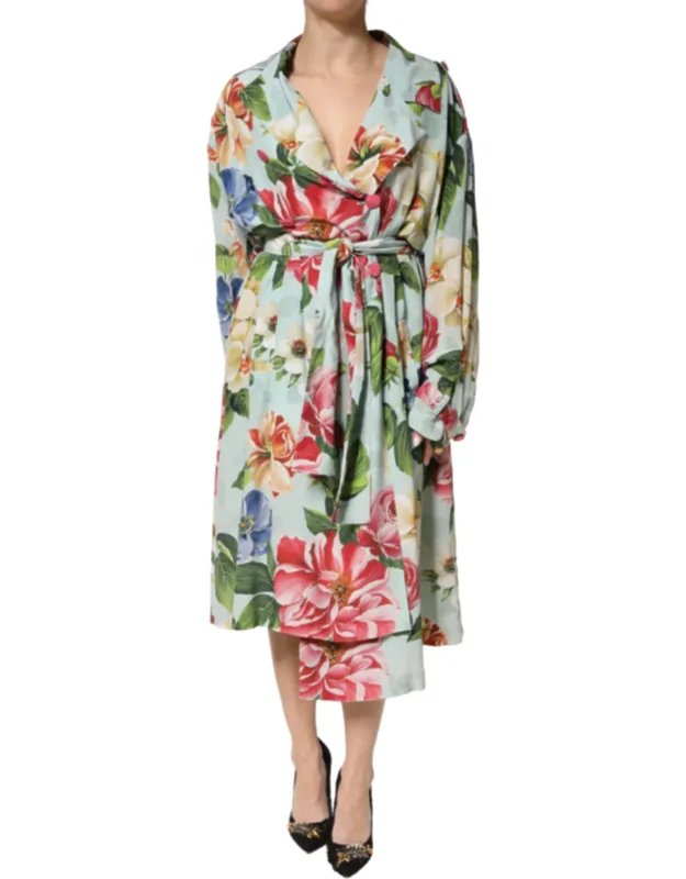 Floral Silk Wrap Midi Long Sleeve Dress
