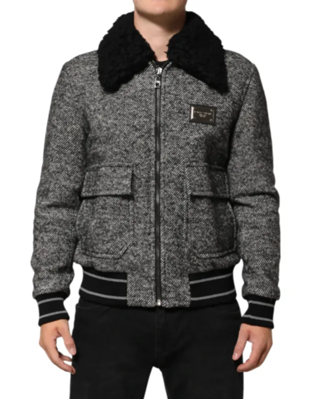 Wool Herringbone Shearling Collar Bomber Jacket