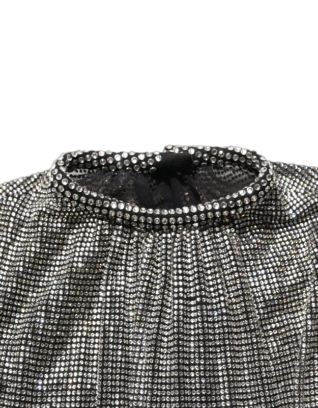 Silver Rhinestones Long Sleeve Bodysuit Mini Dress