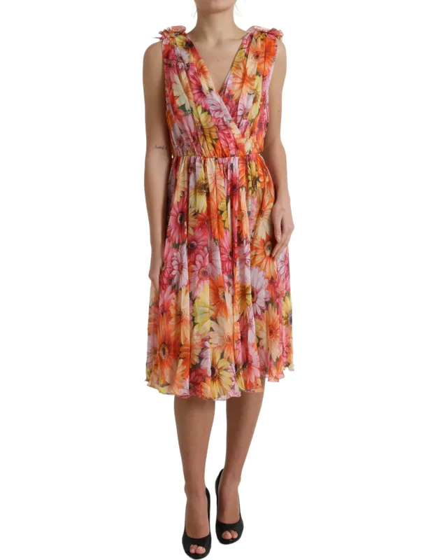 Sunflower Print Silk Midi Dress
