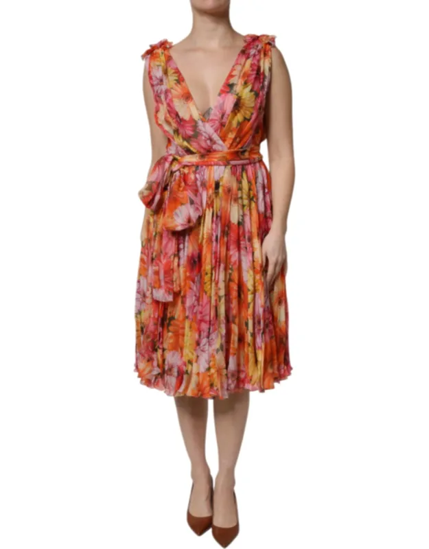 Multicolor Floral Silk V-neck Chiffon Dress