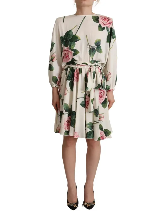 White Rose Print Long Sleeve A-line Dress
