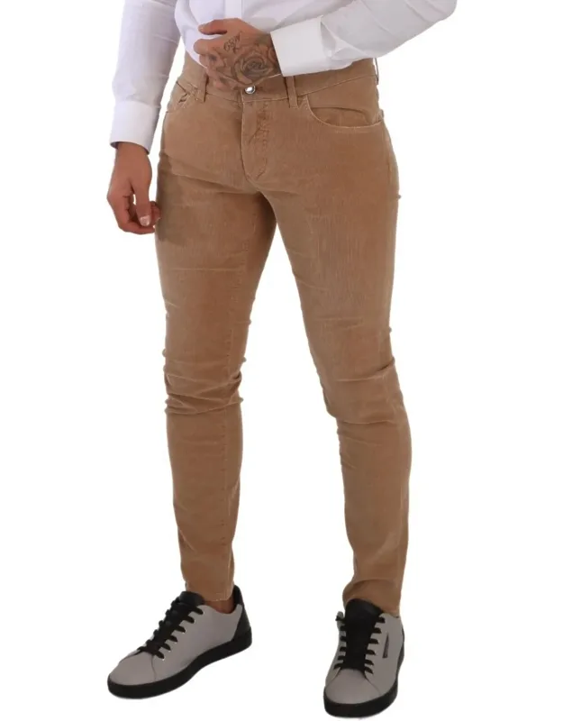 Brown Corduroy Cotton Skinny Slim Fit Jeans