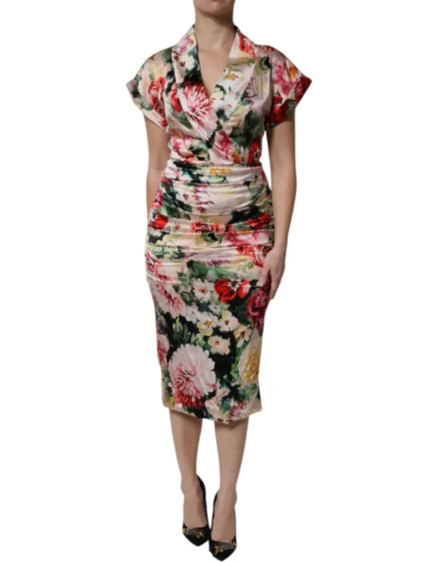 Multicolor Floral Short Sleeve Sheath Midi Dress