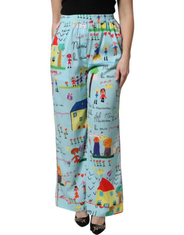 Light Blue Drawing Mid Waist Wide Leg Pants