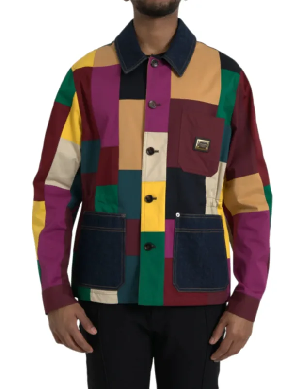 Multicolor Patchwork Cotton Collared Jacket