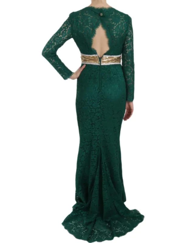 Crystal Gold Belt Lace Sheath Gown Dress