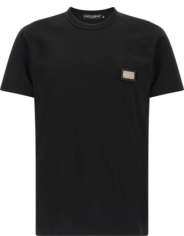 Dolce & Gabbana Black T-shirt With Leather Patch And Metal Logo Tag