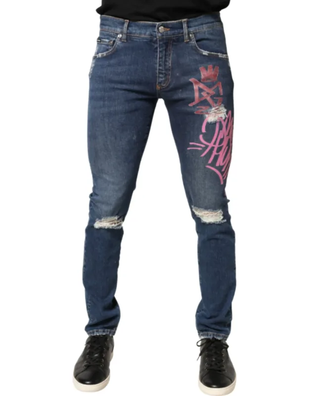 Distressed Graffiti Print Skinny Jeans