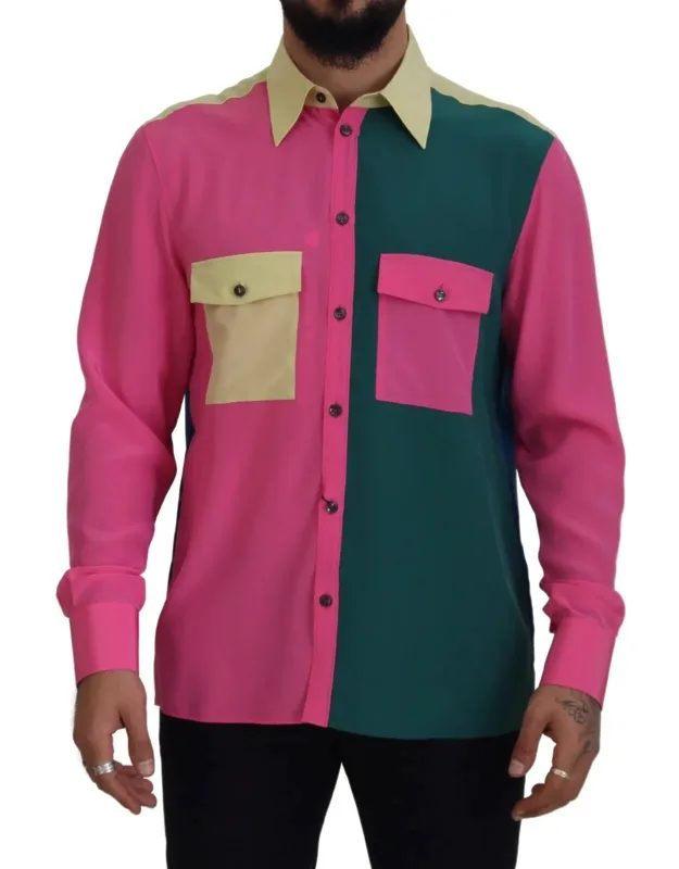 Multicolor Patchwork Silk Button Down Shirt