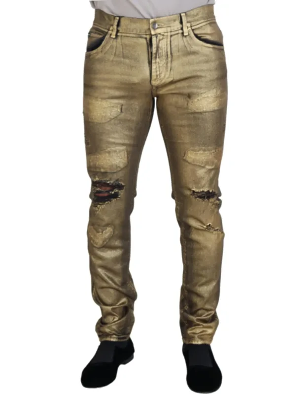 Gold Cotton Tattered Skinny Denim Jeans