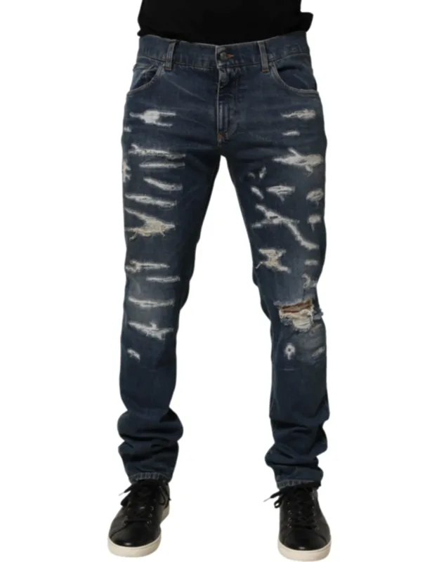 Tattered Cotton Skinny Denim Jeans