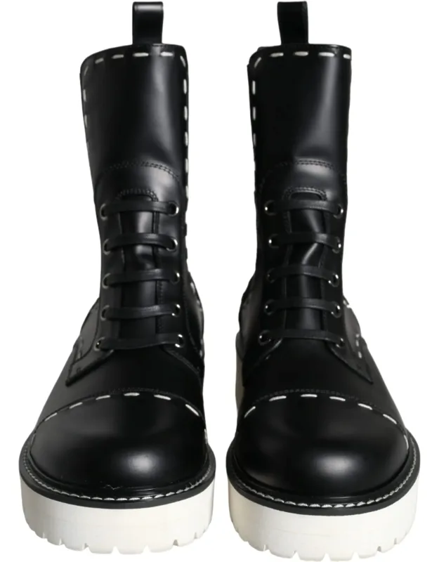 Black Leather Combat Mid Calf Boots