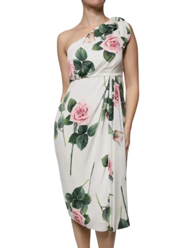 Floral Silk One Shoulder Midi Dress
