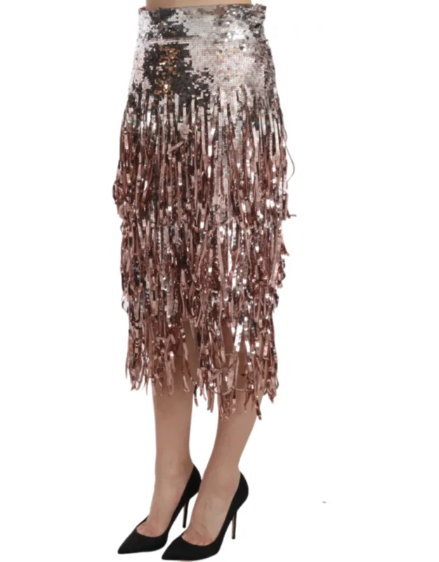 Sequin Embellished Fringe Midi Pencil Skirt