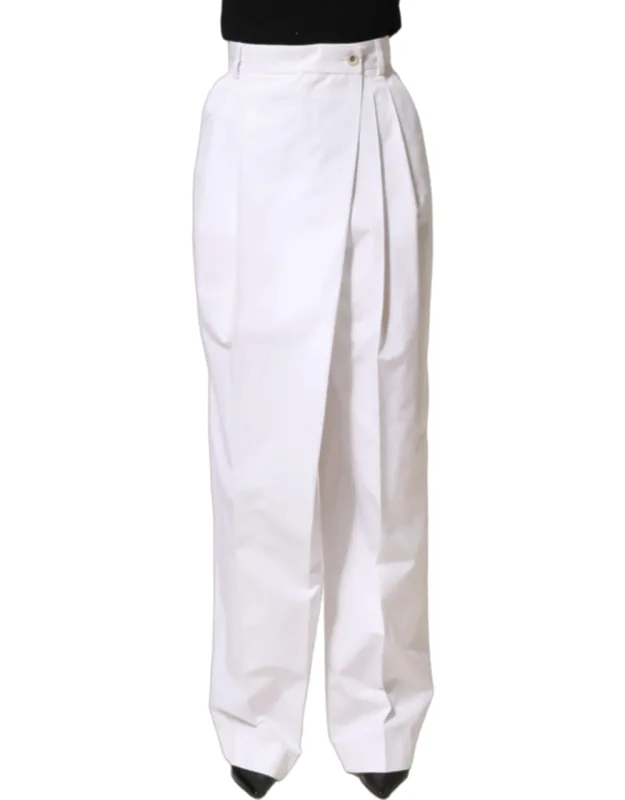 White Cotton High Waist Pleated Wide Leg Pants
