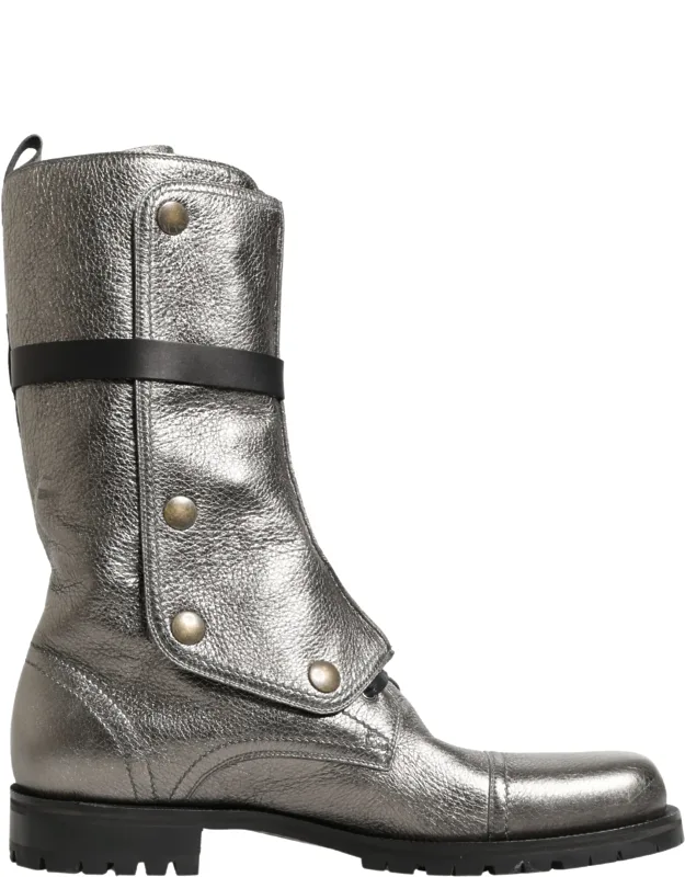 Metallic Leather Buckle Combat Boots