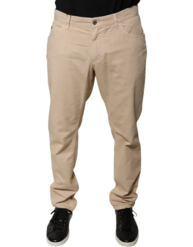 Beige Cotton Mid Waist Skinny Denim Jeans