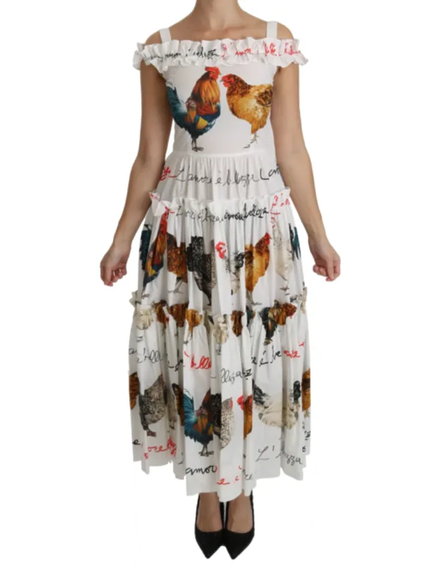 White Rooster Sheath Midi Cotton Dress
