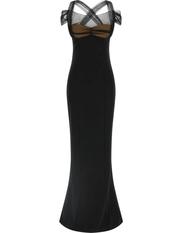 Dojaka Black Viscose Long Dress With Draped Padded Cups And Back Split