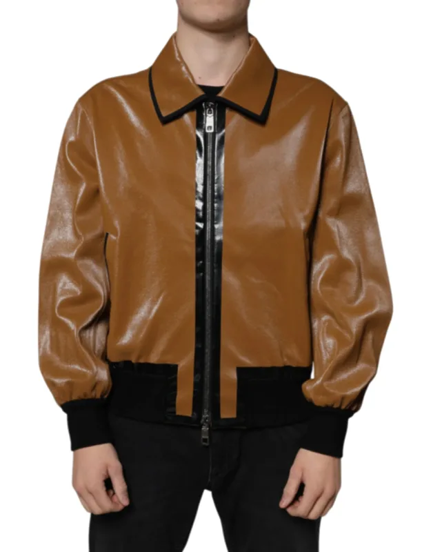 Brown Leather Full Zip Bomber Jacket