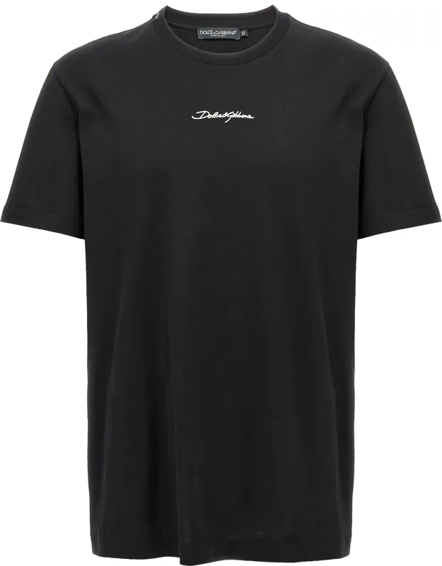 Dolce & Gabbana Black Cotton T-shirt With Bold Contrasting Front Logo Embroidery And Classic Crew Neck